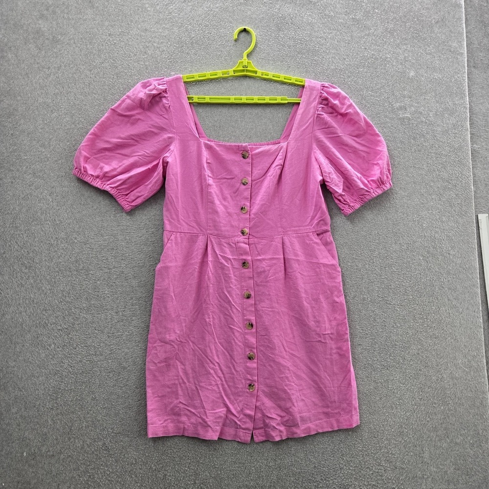 Old Navy Women Dress L Pink Linen Rayon Fit & Flare Milkmaid Button Short Sleeve